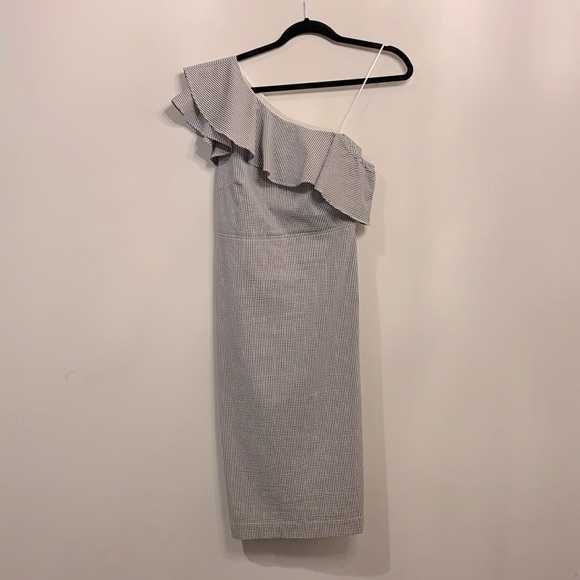 Banana Republic Size 2 Pinstripe One Shoulder Stretch Cotton Dress - Picture 1 of 14